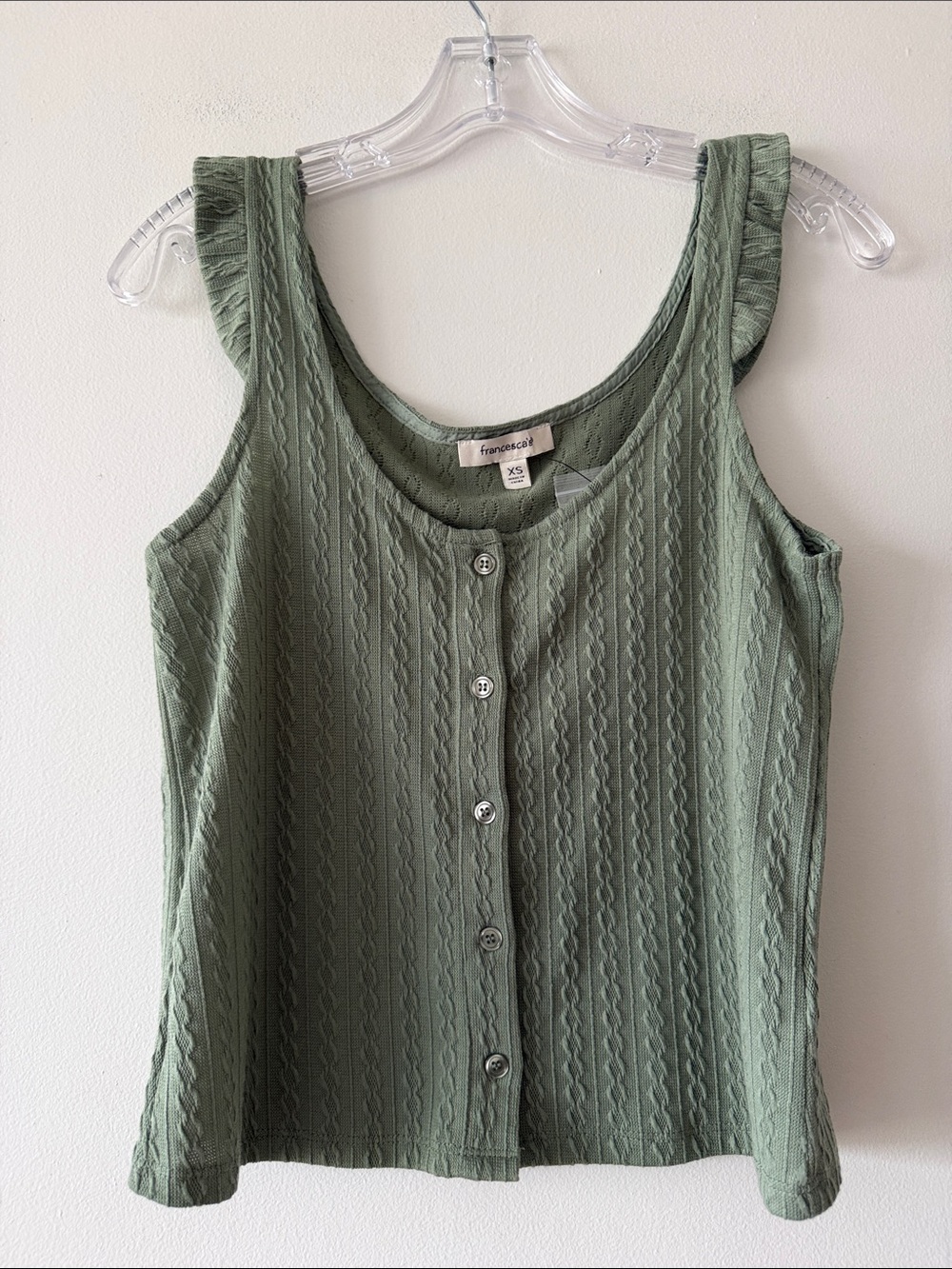 Sage Green Cable Knit Ruffle Strap Button Front Tank Top Francesca’s Size XS NWT